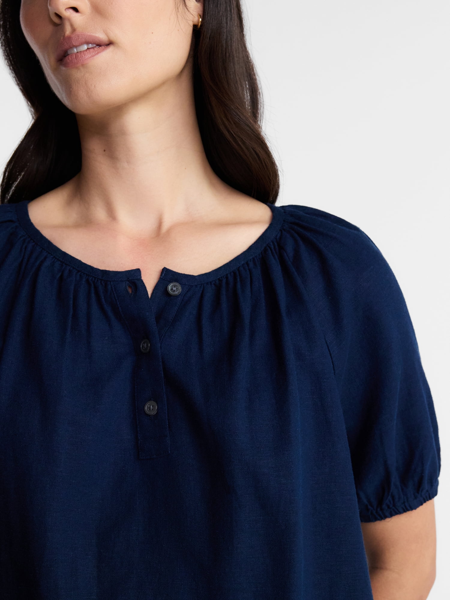 Time and Tru Women's Linen Blend Blouse with Scalloped Hem, Sizes XS-XXXL