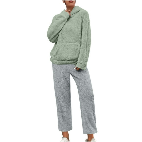 Mifsaly Womens Plus Size Pajama Sets 2 Piece Fleece Winter Pjs Soft Cozy Warm Hooded Sleepwear Long Sleeve Nightwear with Pocket Loose Wide Leg Pants Thermal Casual Homewear Loungewear
