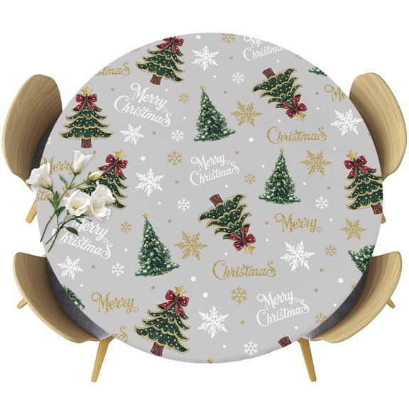 Grey Christmas Round Tablecloth, Fitted Table Cover with Elastic for 36"-44" Round Tables, Winter Green Pine Tree Gold Snowflake Table Cloth Outdoor Indoor Dinning Party Waterproof Tablecloths