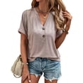 thumbnail image 3 of Womens Tshirts V Neck Short Sleeve Buttons Tops Tee Solid Color Blouse Loose Fit, 3 of 4
