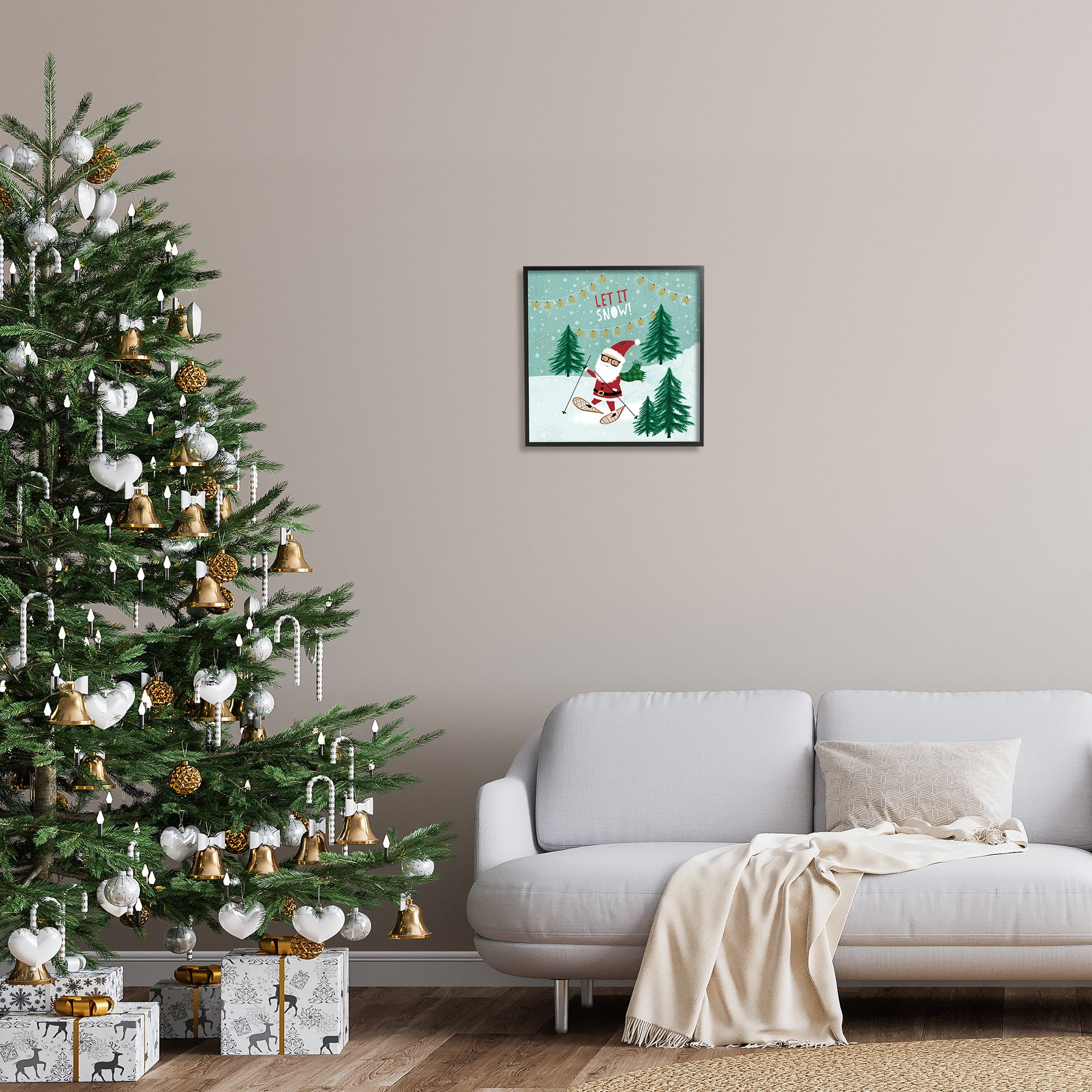 Stupell Industries Let It Snow Santa Snowshoeing Holiday Painting Black Framed Art Print Wall Art