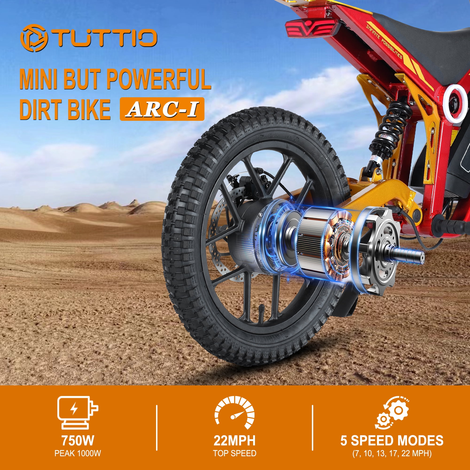 TUTTIO ARC-1 750W Mini Electric Dirt Bike for Kids 8-14, 5-Speed Modes Electric Motorcycle, 22MPH, 16" Tires, 36V Battery, 25 Miles Range