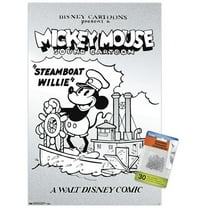 Disney Mickey Mouse - Black and White Steamboat Willie Wall Poster with Push Pins, 14.725" x 22.375"