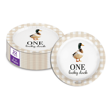 One Lucky Duck First Birthday - 32 Piece Disposable Party Supplies - Decorations for Beige Gingham 1st Birthday Round Party Plates - Large 9" Paper Plates In Bulk