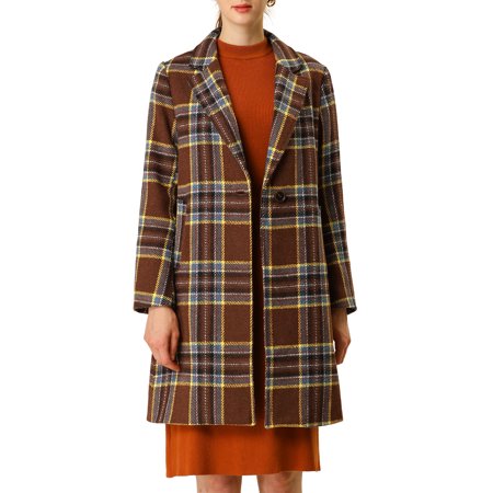 Allegra K Women's Notched Lapel Overcoat One Button Winter Plaid Checks Coat (Size XL / 18)
