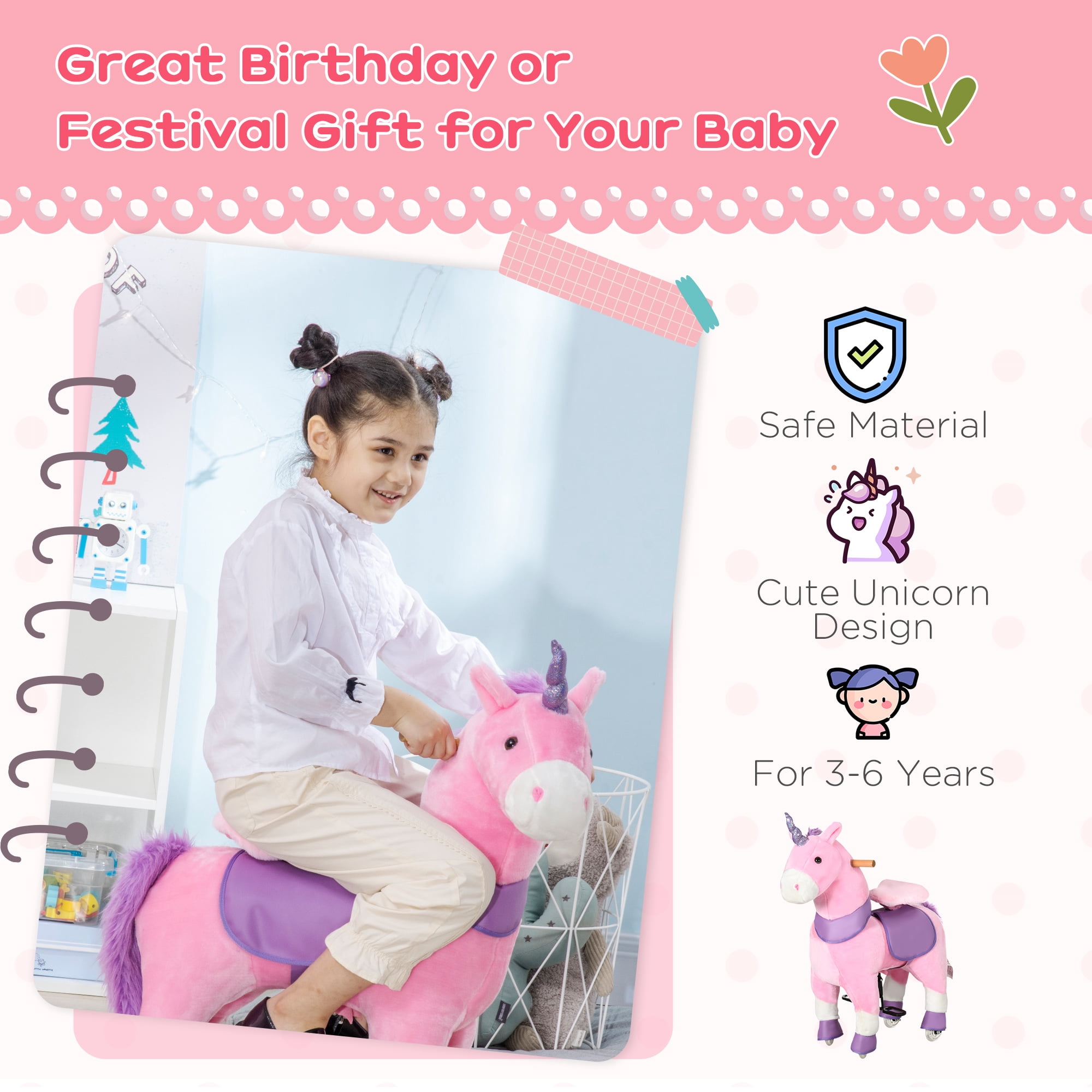 Kids Bikes Qaba Ride On Real Walking Unicorn with Sparkly Horn, Soft Plush Ride On Rocking Horse Bearing 176lbs, Imaginative Interactive Toy for Kids, Unicorn Gifts,Kids Riding Toys