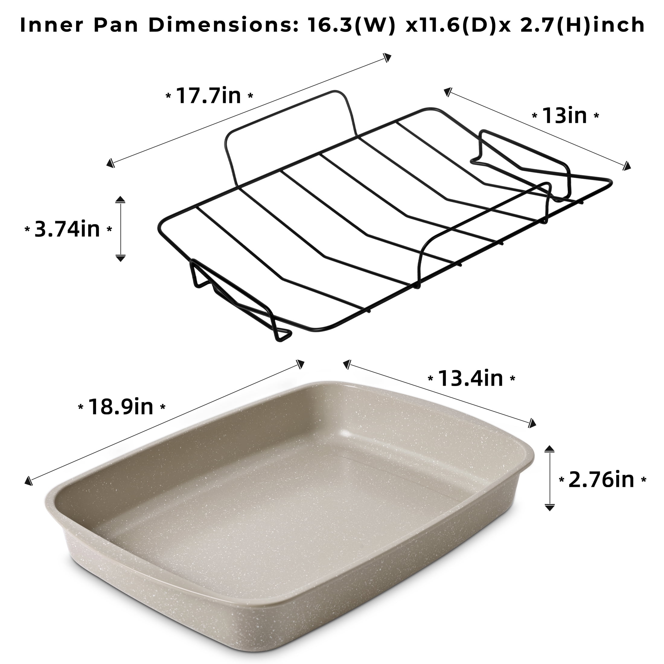 Mainstays Non-Stick Carbon Steel Roaster Pan with Wire Rack, 18.9 in, Speckle Beige, 0.5 mm