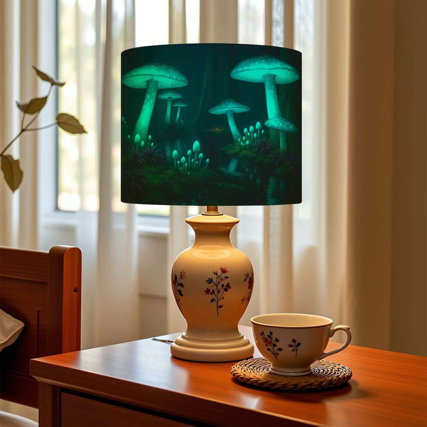 Linen Drum Lampshades Fantasy dark forest green glowing mushrooms 13"x13"x10" Light Shade for Table Lamps Floor Lamps Drum Lamp Shades Lampshade Replacement Assembly Required