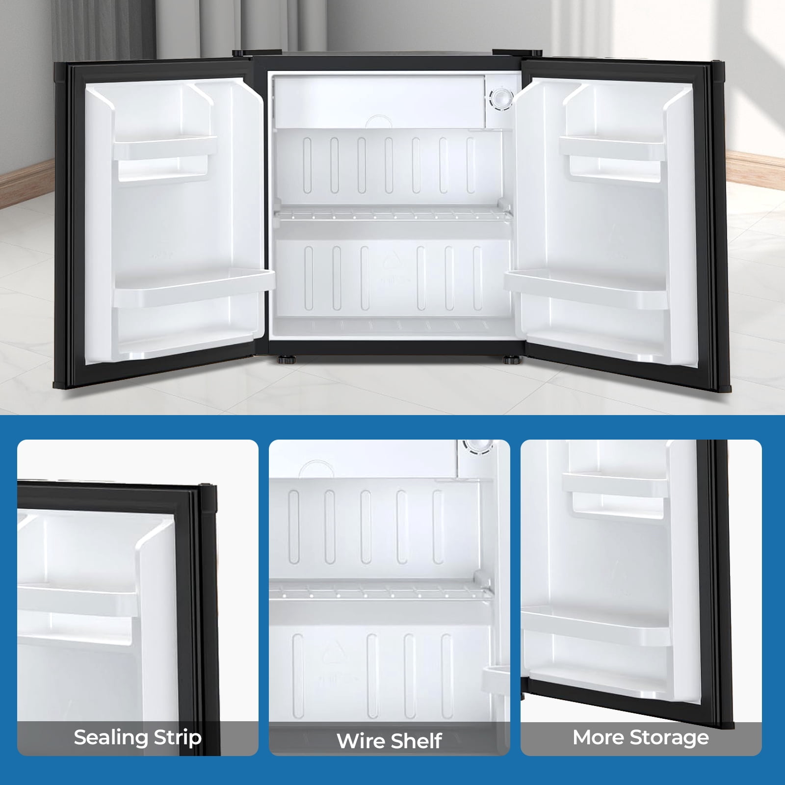 WAA 1.6 cu.ft Small Upright Mini Fridge with Freezer - Removable Shelves,7-Level Adjustable Thermostat,Low Noise,Suitable for Bedroom/Apartment/Office(Black)