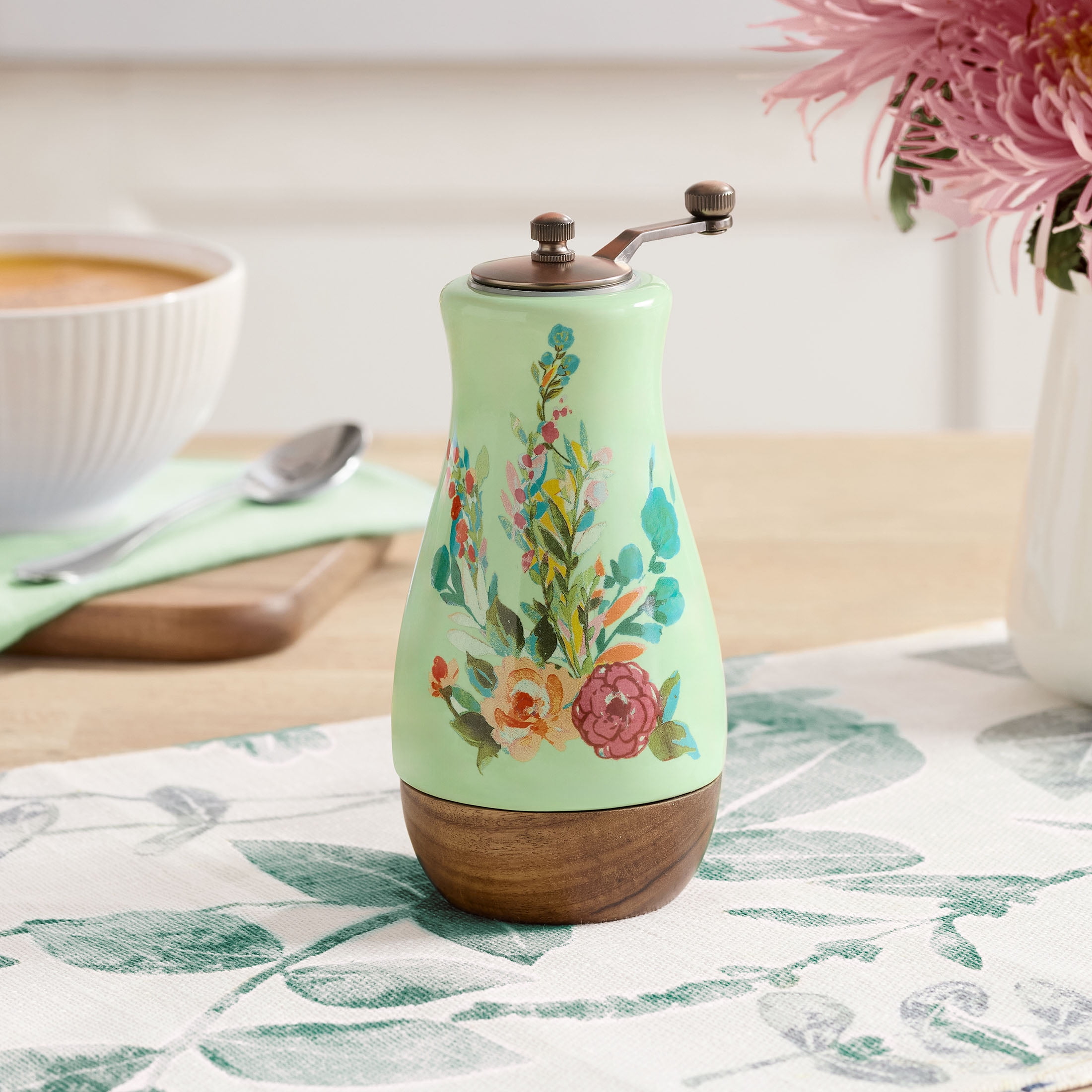 (2 pack) The Pioneer Woman Ceramic Painted Meadow Pepper Mill with Metal Grinder and Acacia Wood Base, A Practical Choice for Seasoning Storage and Serving