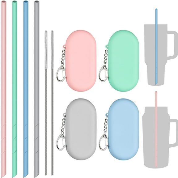 NiHome 4PCS 14” Extra Long Reusable Silicone Straws and 4 Travel Cases, BPA-Free Soft Flexible Drinking Straws for 30oz 40oz 64oz Tumblers, Milkshakes, Cold & Hot Beverages, Dishwasher Safe