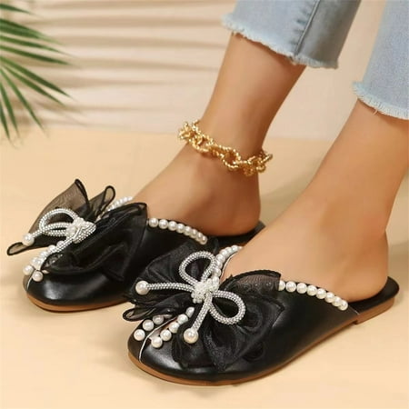 

XIAQUJ Ladies Summer Outer Solid Colour Rhinestone Pearl Bow Elegant Hollow Breathable Large Size Sandals Slippers Sandals for Women Black 7(38)