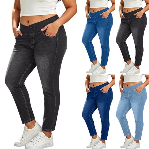 Plus Size Skinny Jeans for Women Crossover Elastic Stretch Waist Skinny Full Length Denim Pants with Pockets High Waisted Stretchy Denim Pants