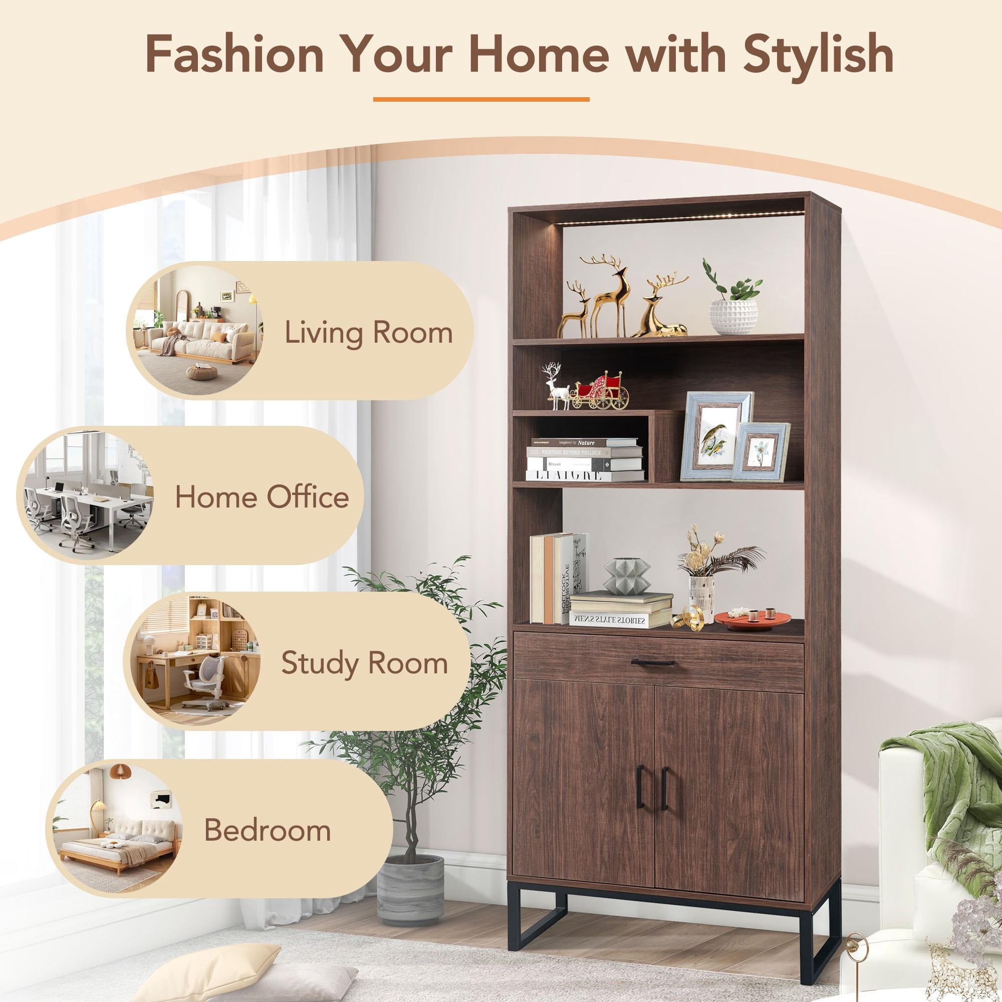PORKISS Bookshelf with Doors, Wooden Bookcase with Storage Drawer and LED Strip Lights, Freestanding Display Rack Bookcase with Storage for Living Room and Office, Walnut
