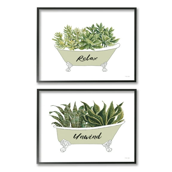 Stupell Industries Relax Unwind House Plants Succulents Clawfoot Bathtub Graphic Art Black Framed Art Print Wall Art, Set of 2, Design by Cindy Jacobs