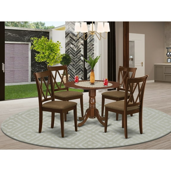 HomeStock Asian Fusion 5Pc Dining Set Includes A Round Dinette Table With Drop Leaves And Four Double X Back Linen Seat Kitchen Chairs, Mahogany Finish