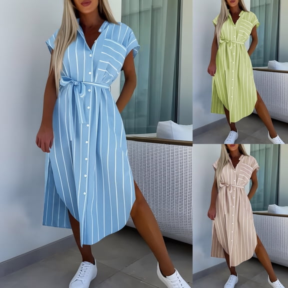 YHAJDS Women's dress Striped Shirt Dress Waist Sleeveless Collared Dress
