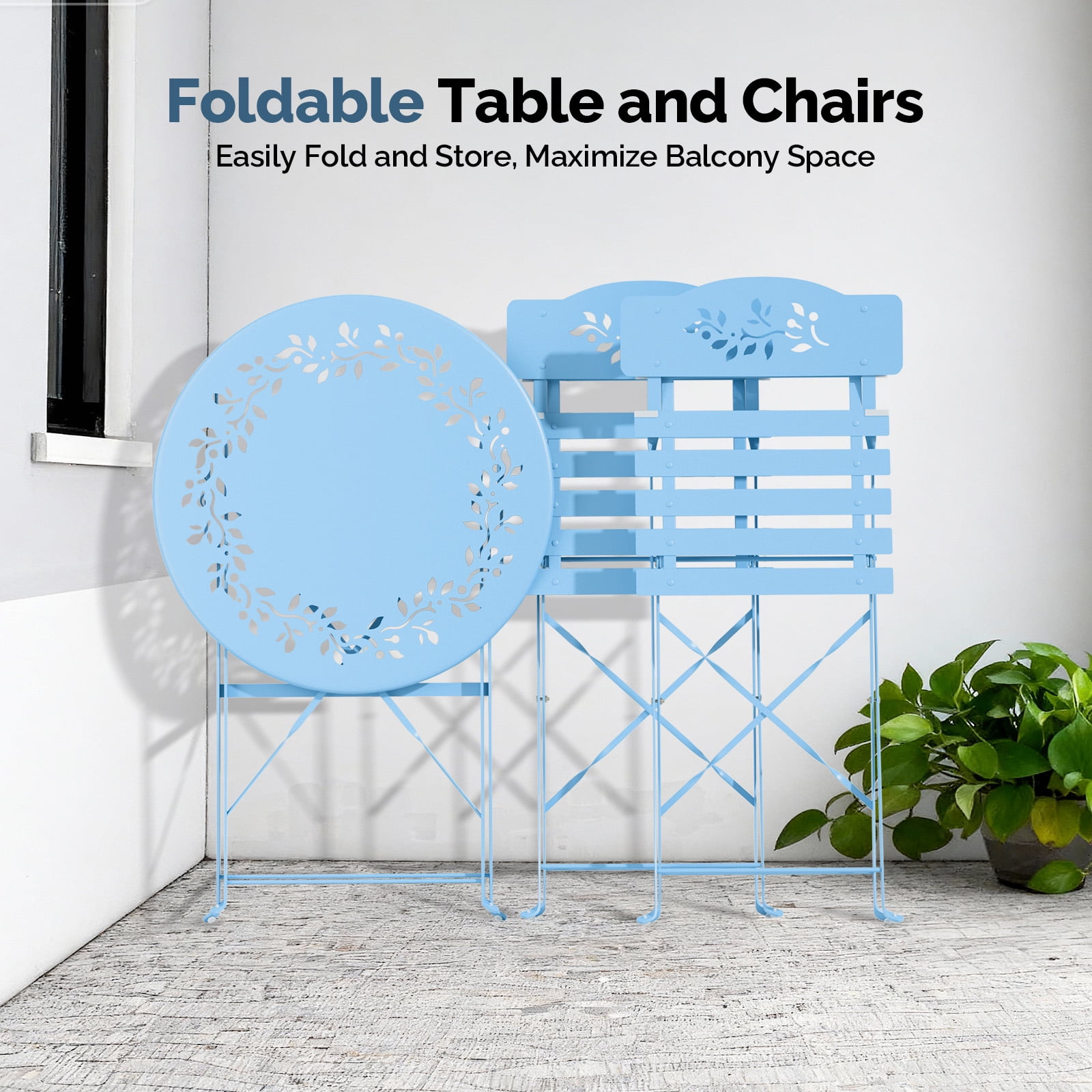 Ktaxon Outdoor 3-Piece Folding Bistro Set with Cushion, Small Metal Patio Seating Furniture Set - Blue