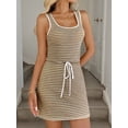thumbnail image 2 of Women'S Drawstring Tie Waist Striped Knit Tank Dress Summer Sleeveless Square Neckline Mini Dress Brown XL, 2 of 9