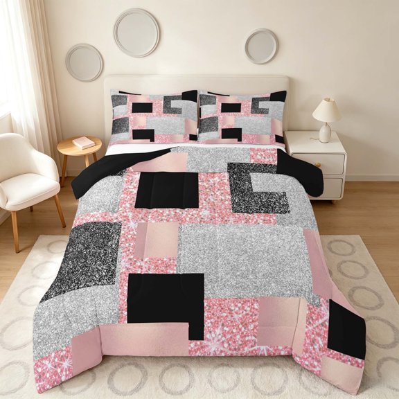 Manfei Glitter Plaid Print Queen Comforter Set, Bling Geometric Comforter Sets Queen, Pink Black and Silver, Black Reversible 3 Pieces, 1 Comforter and 2 Pillowcases