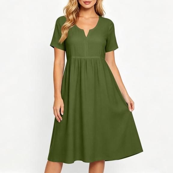 ClodeEU Women's V Neck Short Sleeve Linen Blend Midi Dress,Casual Tunic Flowy Dress Army Green,Women's Plus L
