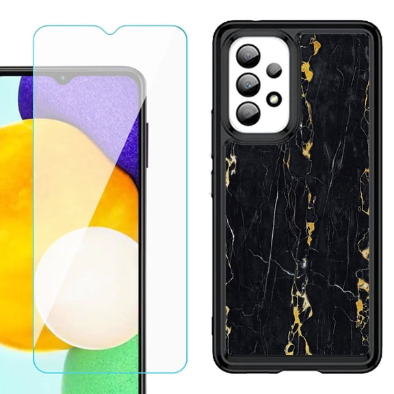Shockproof Bumper (Black Frame) phone Case for Samsung Galaxy A23 5G, with Tempered Glass Screen Protector, by OneToughShield ® - Marble / Gold/Black