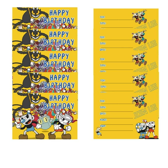 Cuphead Invitations Cards Stock Bulk Birthday Invite Fill-in Party Supplies Decorations for Boys Girls