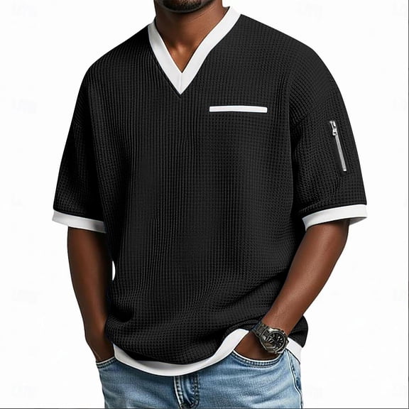 Men's Casual Short Sleeve V-Neck Color Block Shirt
