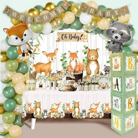 MEGA 257-Piece Woodland Baby Shower Decorations Kit for Boy & Girl, Gender Neutral Forest Animal Theme, Includes BABY Boxes, Banner, Backdrop, Balloon Garland, Tableware for 20 Guests