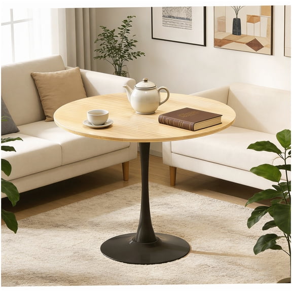 31.5" Round Kitchen Table with Metal Pedestal - Natural Finish MDF Top, Small Space Dining & Coffee Table