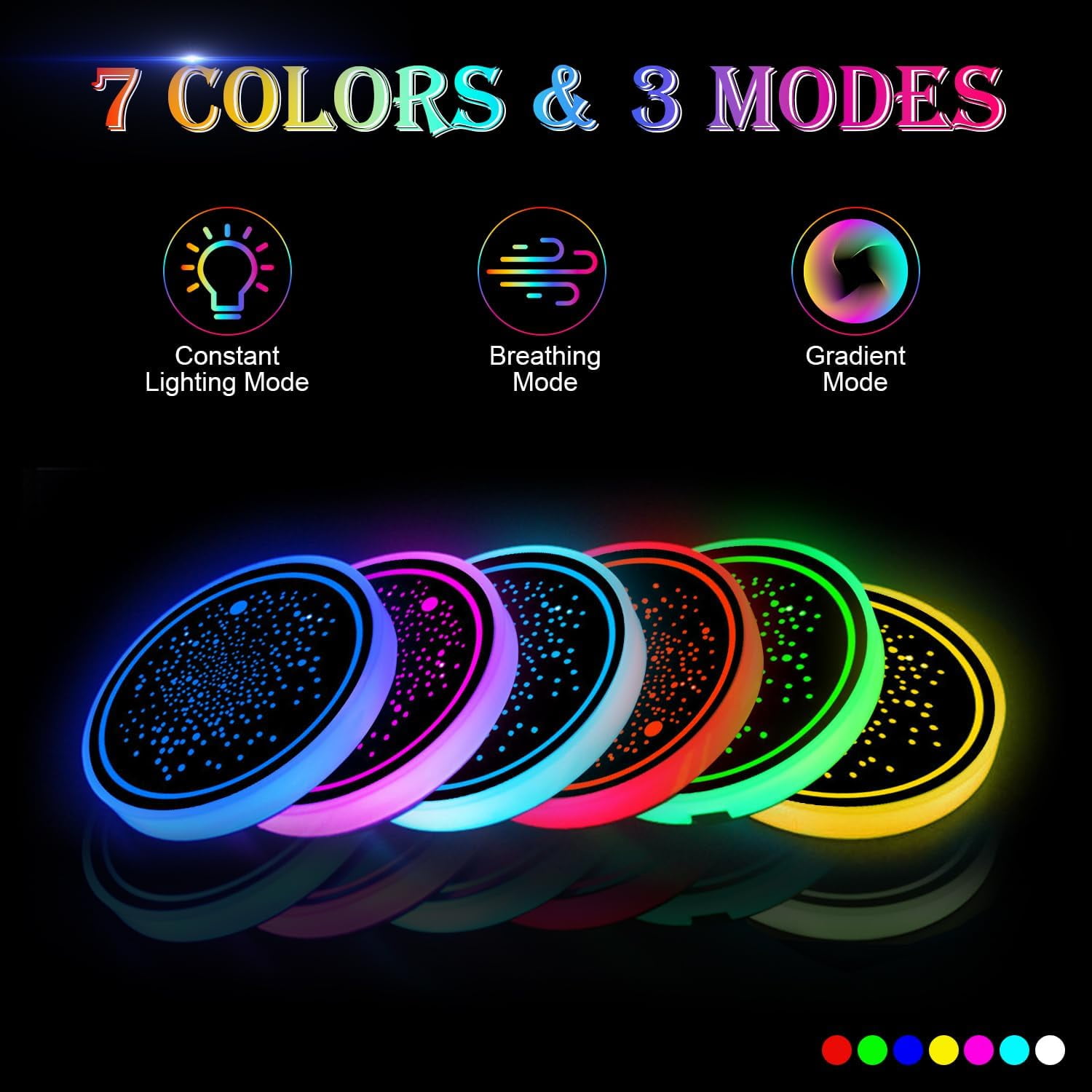 2Pcs LED Car Cup Holder Lights, 7 Colors Light Up Cup Coasters, USB Rechargeable Interior Lighting Accessories for Car Truck Vehicle Decoration