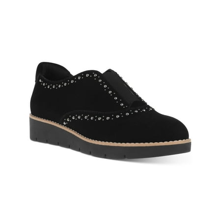 

ANNE KLEIN Womens Black Studded Goring 1 Platform Cushioned Removable Insole April Round Toe Wedge Slip On Leather Loafers Shoes 5.5 M
