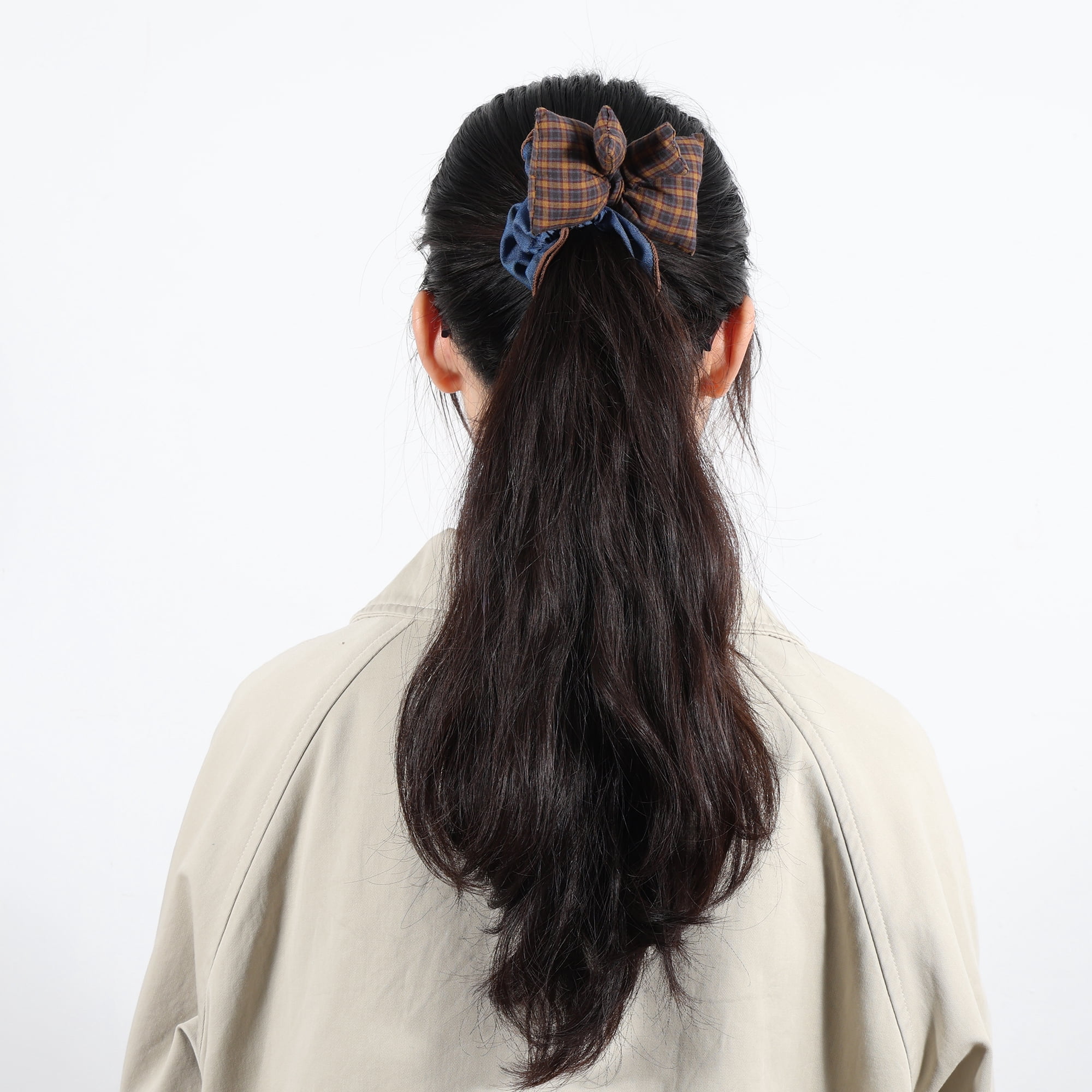 Unique Bargains Fashionable Denim Hair Ties All Occasions 1 Pc Blue, Brown Plaid Bow
