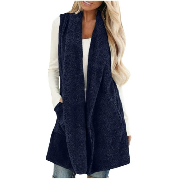 QSAWXQZ Women's Sherpa Mid Long Vest Sleeveless Solid Fuzzy Open Front Cardigan Jackets with Pockets Navy M