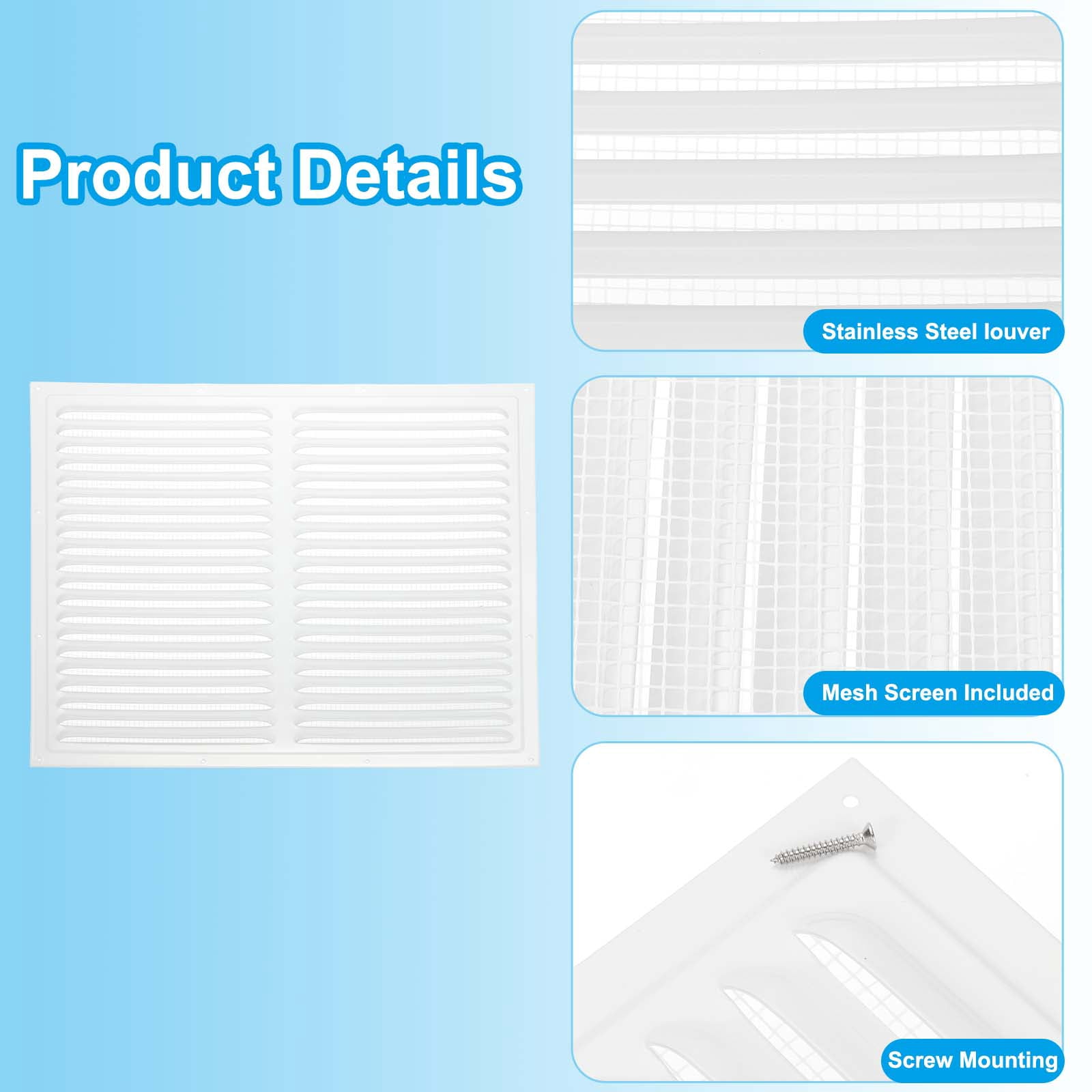 Uxcell 16x16" Gable Vent Cover, Aluminum Alloy Rectangular Floor Air Vent Covers Metal Soffit Return Grille with Screen Mesh and Screw 2 Pcs