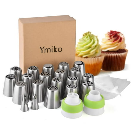 Russian Piping Tips,20 PCS Ymiko Russian Nozzles Piping Tips with 20 Disposable Piping Bags+ 2Colour Coupler Cake Decorating Set kit For Cake Cupcake