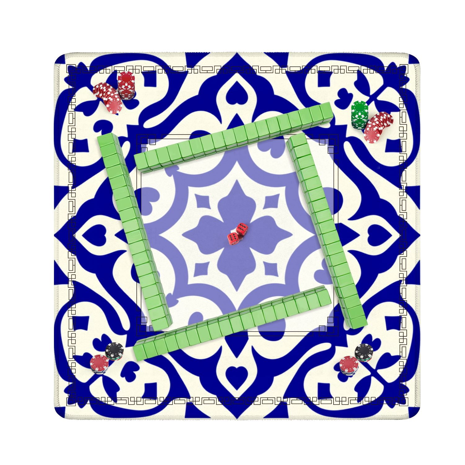 Mahjong Mat 31.5" x 31.5" Blue White Ornamental Tile Symmetrical Floral Heart Motifs Non-Slip Noise Reduction American Mahjong Tiles Table Cover for Dominoes Poker Card Board Games Gift
