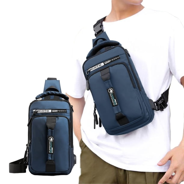 Mochila bandolera para hombre mujer | Bolsa de pecho ajustable para el hombro con orificio para auriculares | Poliéster ligero | Tamaño compacto para tabletas de 7,9" | Azul Caqui Gris Oscuro | 11,8