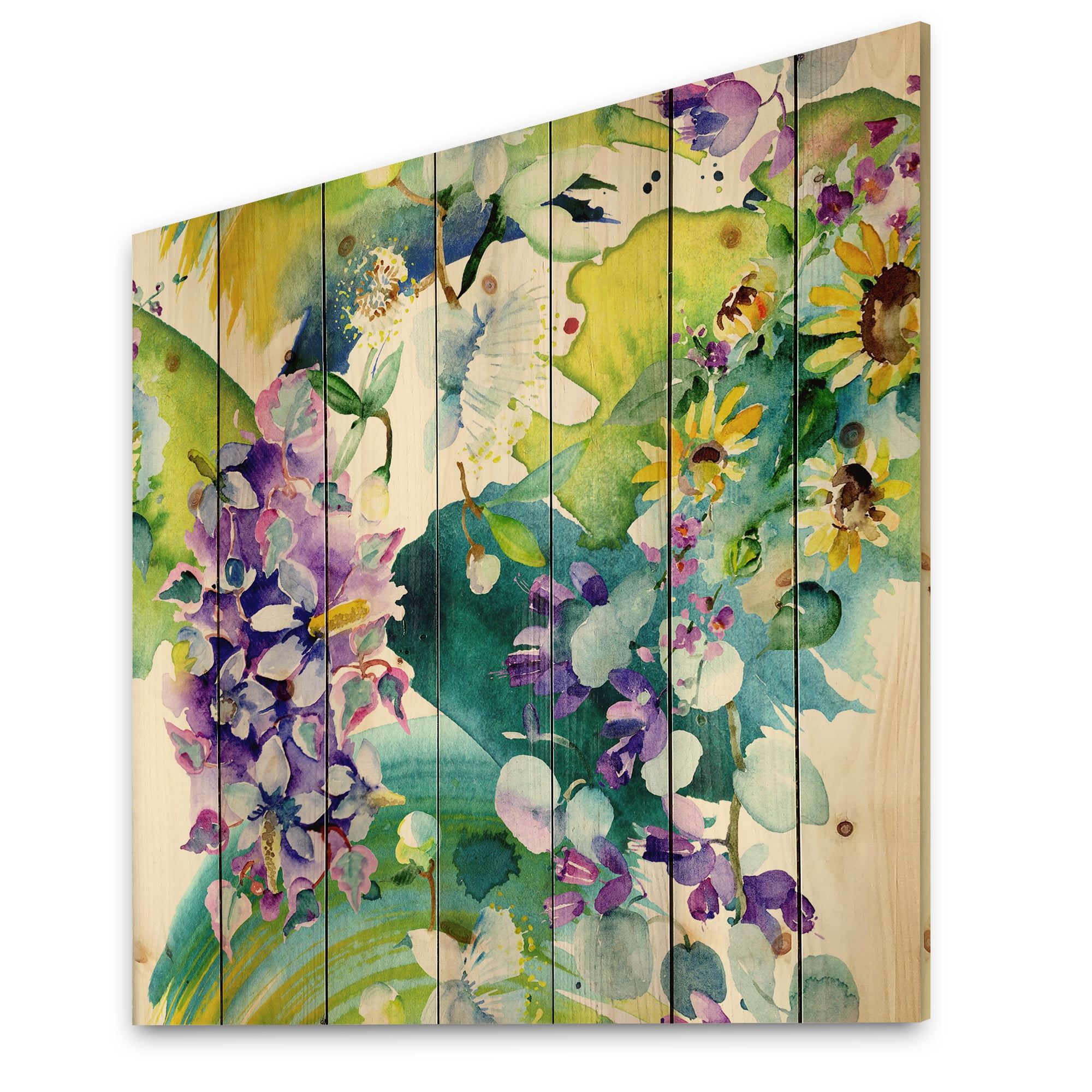 Designart 'Bouquet of Sunflowers and Wildflowers' Farmhouse Print on Natural Pine Wood