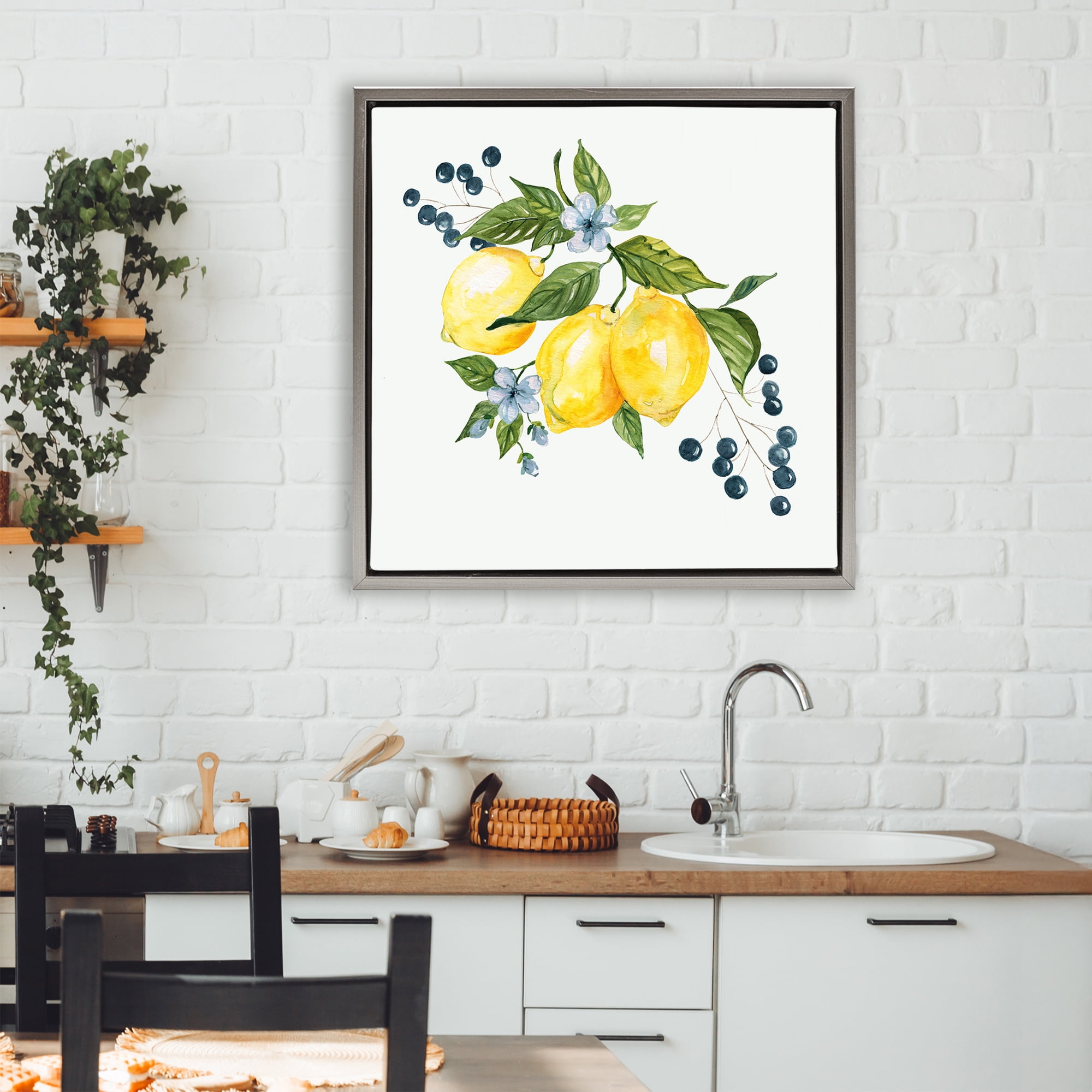 Stupell Industries Lemons with Blossoms & Berries Gray Framed Floater Canvas Wall Art, design by Livi Finn