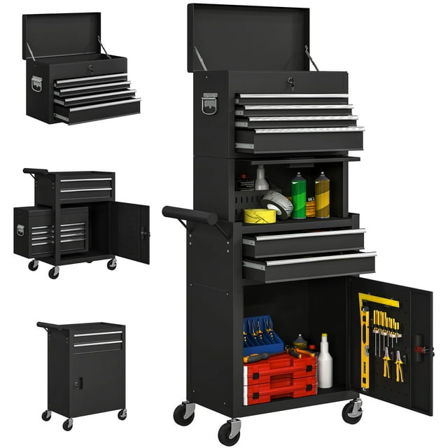 HOMCOM Armoire à Outils avec 6 Tiroirs, Coffre à Outils Roulant 3-en-1 avec Roues