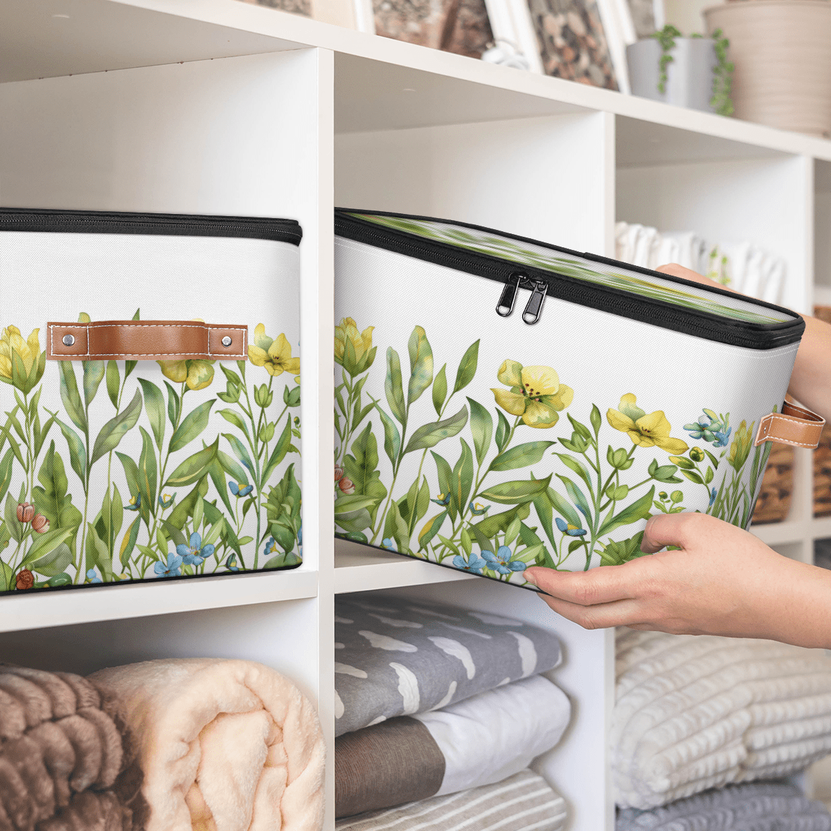 CURLYOOT Spring Floral Fabric Storage Bins with Lids, Watercolor Garden Flower Green Leaves Plants Foldable Storage Boxes Washable Storage Cube, Closet Bedroom Home Organizer Containers