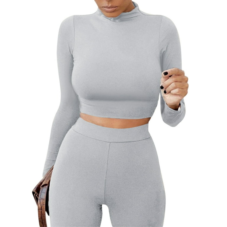 Women 's Workout Outfits Tracksuit Set Long Sleeve Sports Crop Top