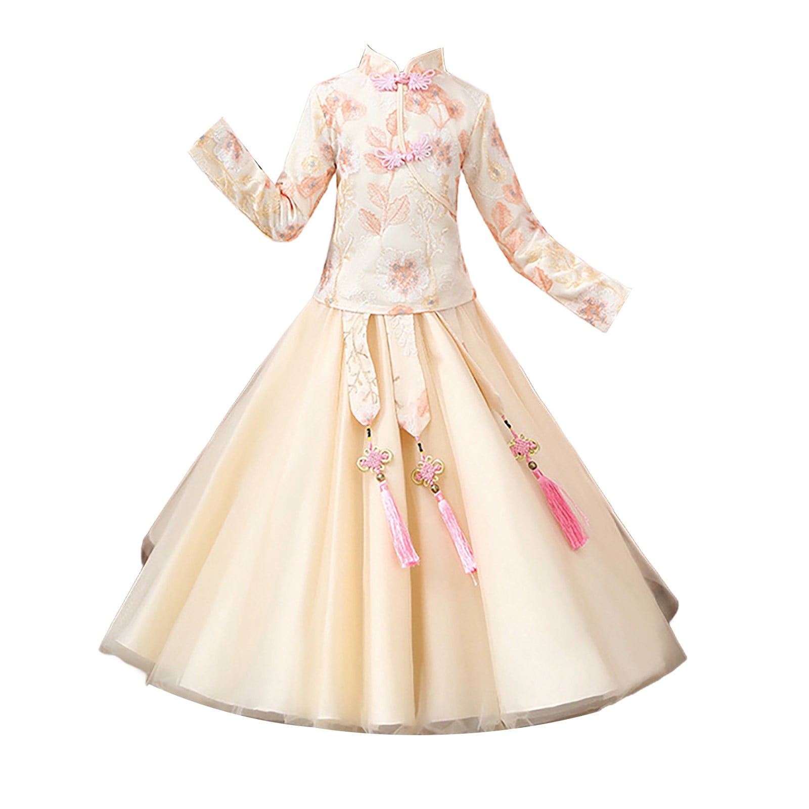 Coerni Toddler Baby Girls New Year's Tang Suit Sets Chinese Ancient Clothing Sets Vintage Long Sleeve Floral Top Dress 2Pcs Outfits