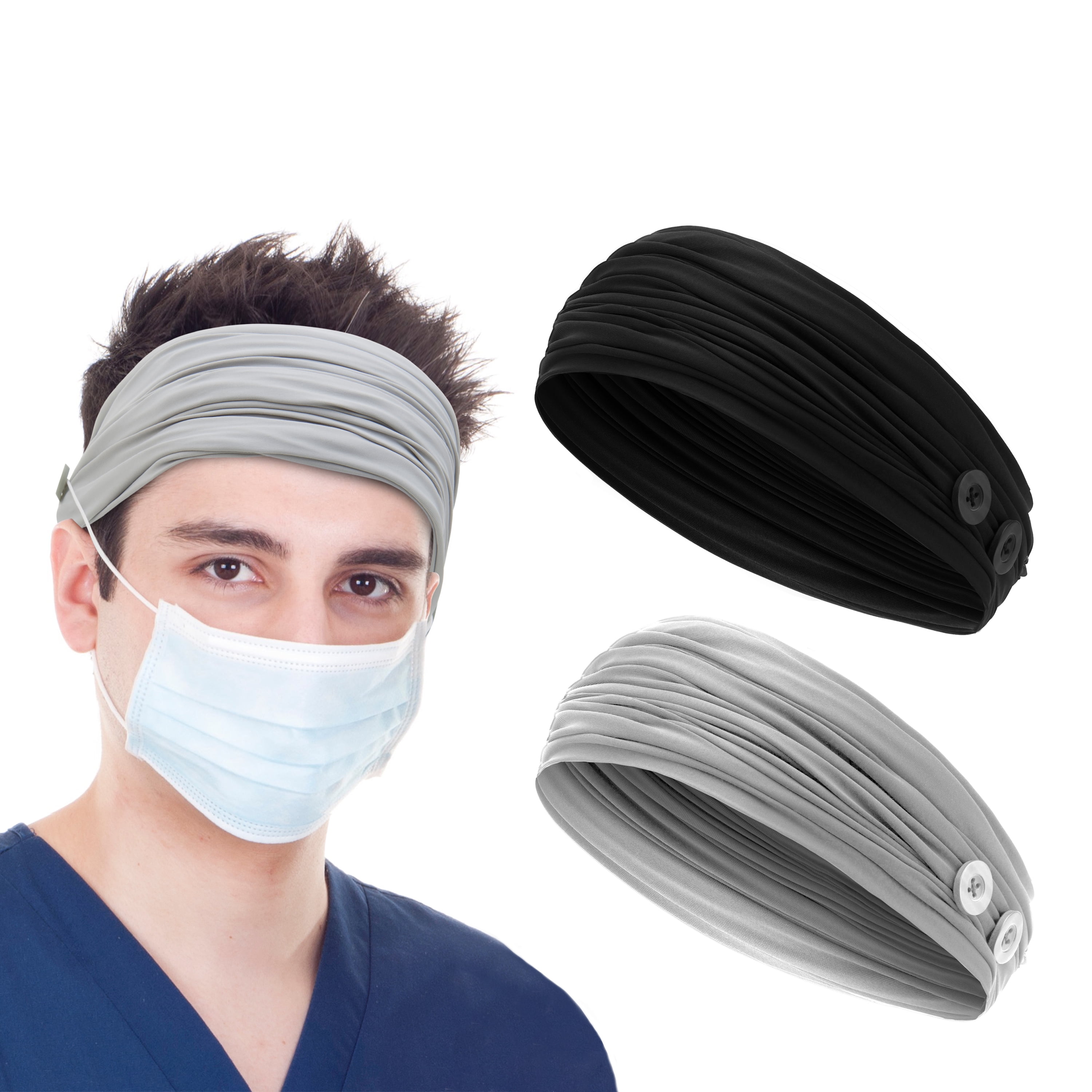 No Slip Headbands with Buttons for Nurses,Stretchy Sweat Wicking Button Headband for Holding Face Cover,Protect Your Ears for Sport,Daily Use Blue 