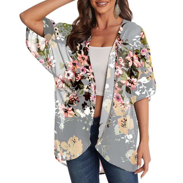 Couvre-maillot en Mousseline Imprimée à Manches Courtes pour Femmes P-3TG