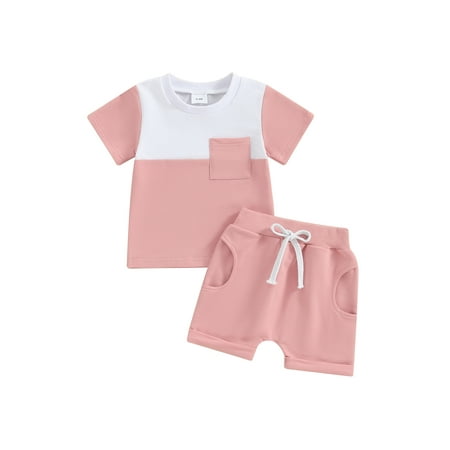 

Bslissey Toddler Baby Girls Casual Shorts Sets Short Sleeve Contrast Color T-shirt Tops + Elastic Waist Folded Hem Shorts 0-3T Infant Casual Summer 2Pcs Outfits