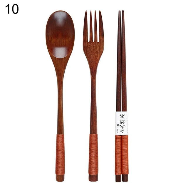 Flmtop 3/4Pcs Réutilisables Voyage Portable Cuillère en Bois Baguettes Couverts de Vaisselle de la Fourchette