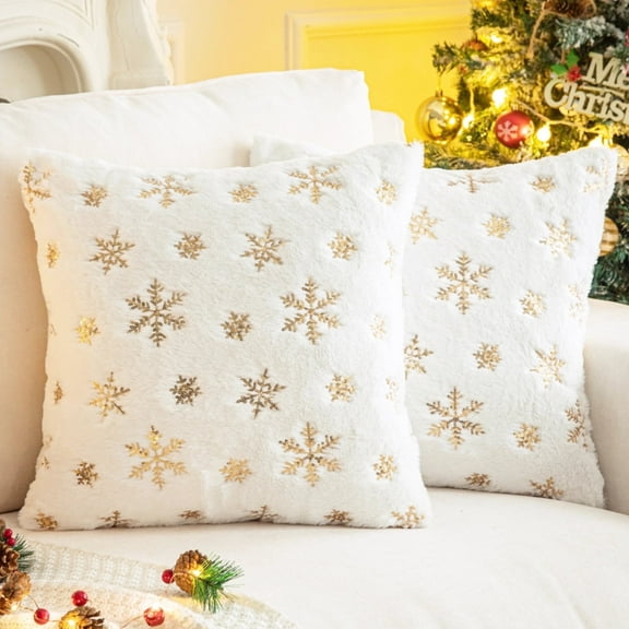 Pack of 2 Faux Fur Fuzzy Decorative Throw Pillows Covers Soft Plush with Snowflake Sequins Cushion Covers for Christmas Decor