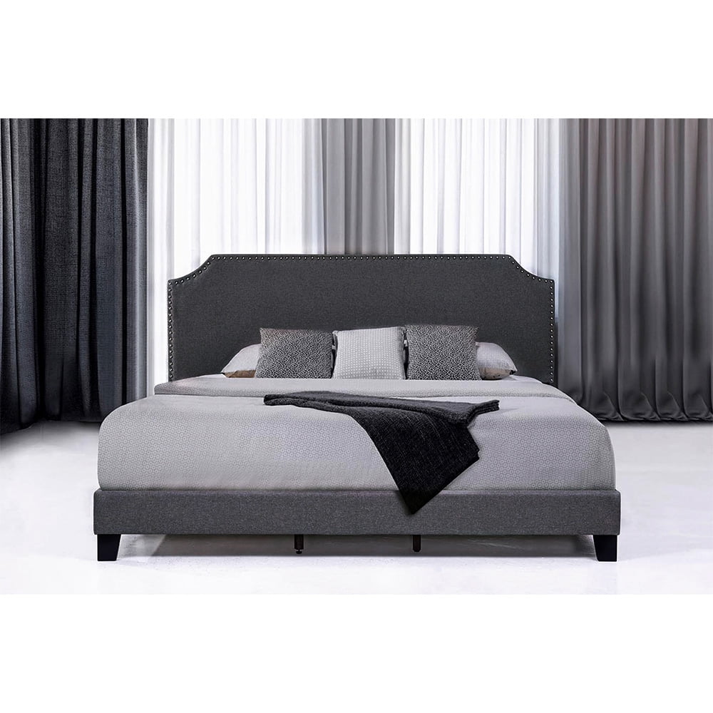 Kepooman Upholstered Platform Bed Frame with Light Grey Fabric Nailhead Trim Headboard and Wood Slats - King Size - Dark Grey Kepooman Upholstered Platform Bed Frame with Light Grey Fabric Nailhead Trim Headboard and Wood Slats - King Size - Dark Grey